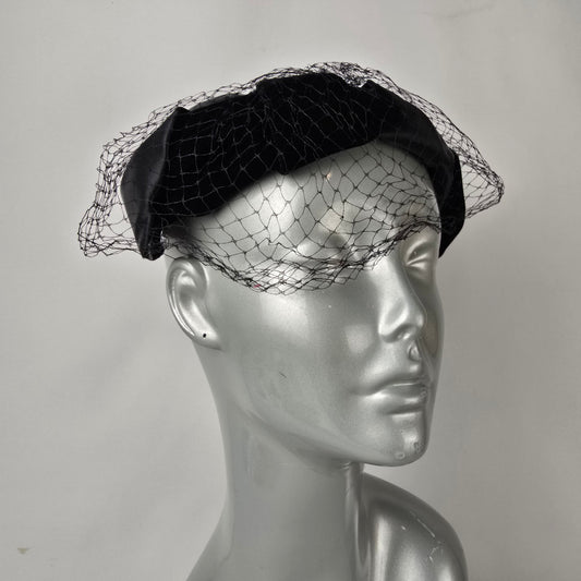 Vintage Black Satin Fascinator with Birdcage Veil Cocktail Hat