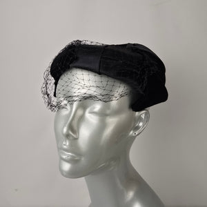 Vintage Black Satin Fascinator with Birdcage Veil Cocktail Hat