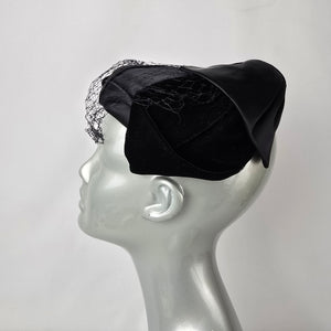 Vintage Black Satin Fascinator with Birdcage Veil Cocktail Hat