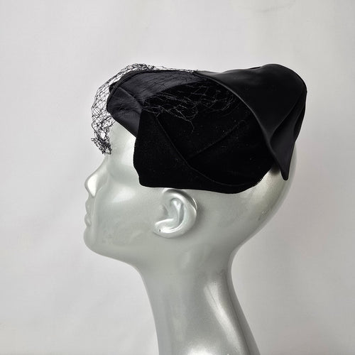 Vintage Black Satin Fascinator with Birdcage Veil Cocktail Hat