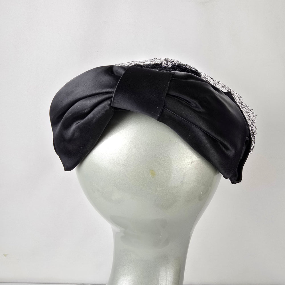 Vintage Black Satin Fascinator with Birdcage Veil Cocktail Hat