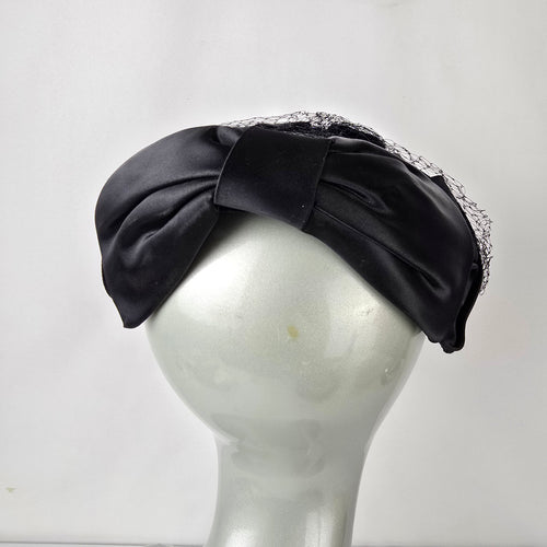 Vintage Black Satin Fascinator with Birdcage Veil Cocktail Hat