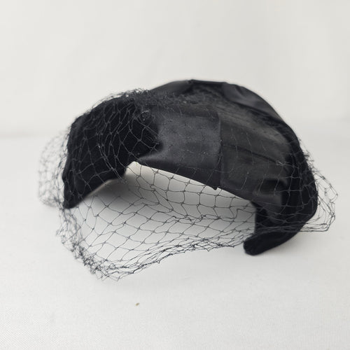 Vintage Black Satin Fascinator with Birdcage Veil Cocktail Hat