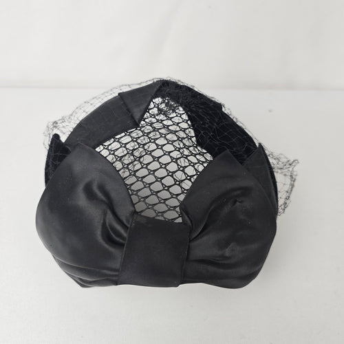 Vintage Black Satin Fascinator with Birdcage Veil Cocktail Hat