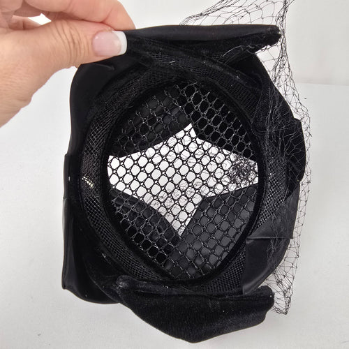 Vintage Black Satin Fascinator with Birdcage Veil Cocktail Hat