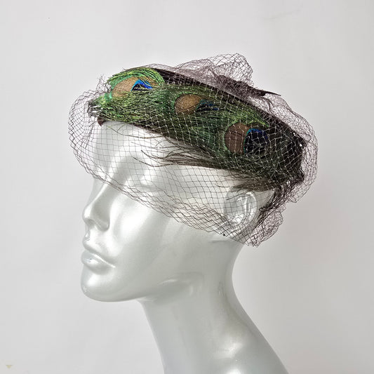Vintage Peacock Feather Fascinator with Veil Cocktail Hat