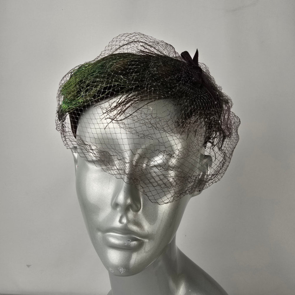 Vintage Peacock Feather Fascinator with Veil Cocktail Hat