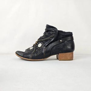 A.S.98 Black Leather Floral Studded Peep Toe Booties Size 8