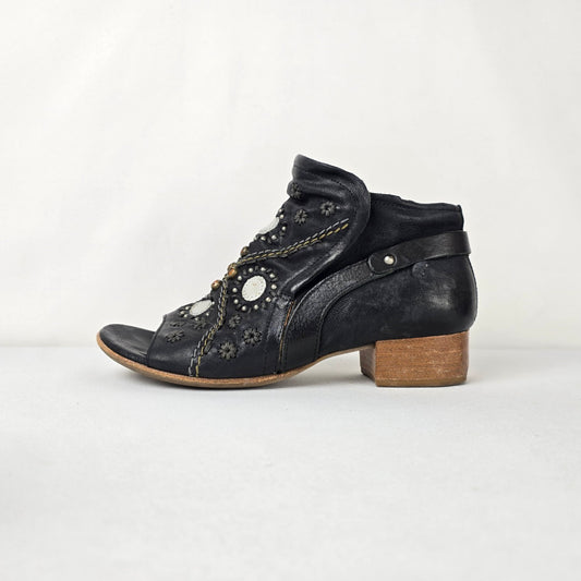A.S.98 Black Leather Floral Studded Peep Toe Booties Size 8
