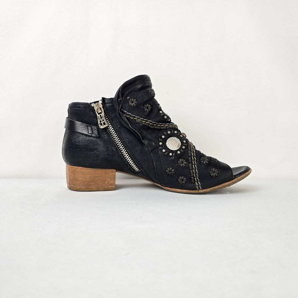 A.S.98 Black Leather Floral Studded Peep Toe Booties Size 8