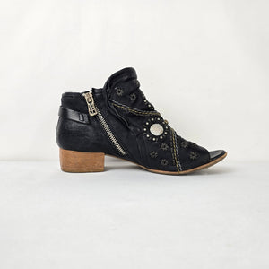 A.S.98 Black Leather Floral Studded Peep Toe Booties Size 8
