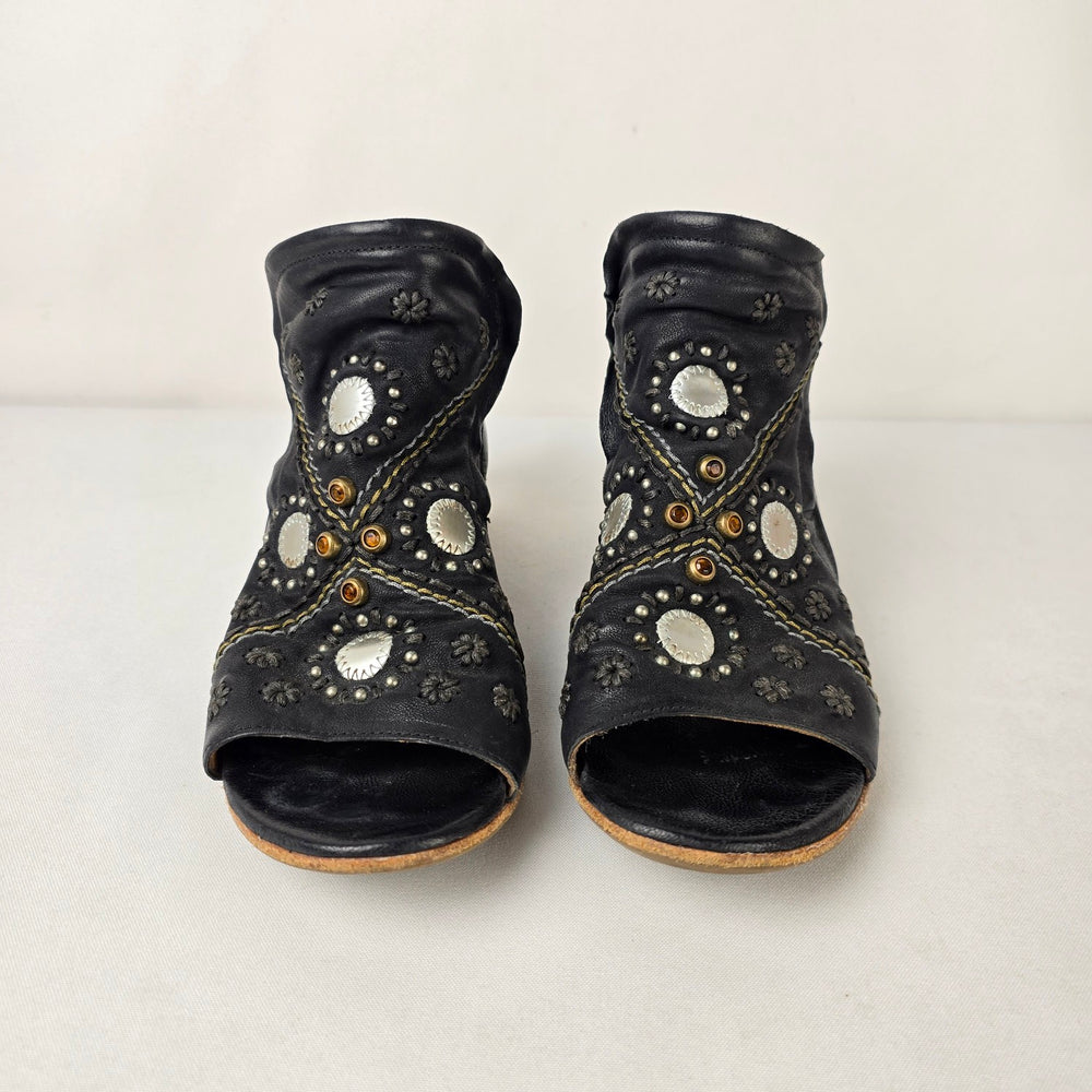 A.S.98 Black Leather Floral Studded Peep Toe Booties Size 8