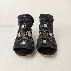 A.S.98 Black Leather Floral Studded Peep Toe Booties Size 8