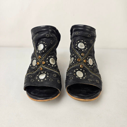 A.S.98 Black Leather Floral Studded Peep Toe Booties Size 8