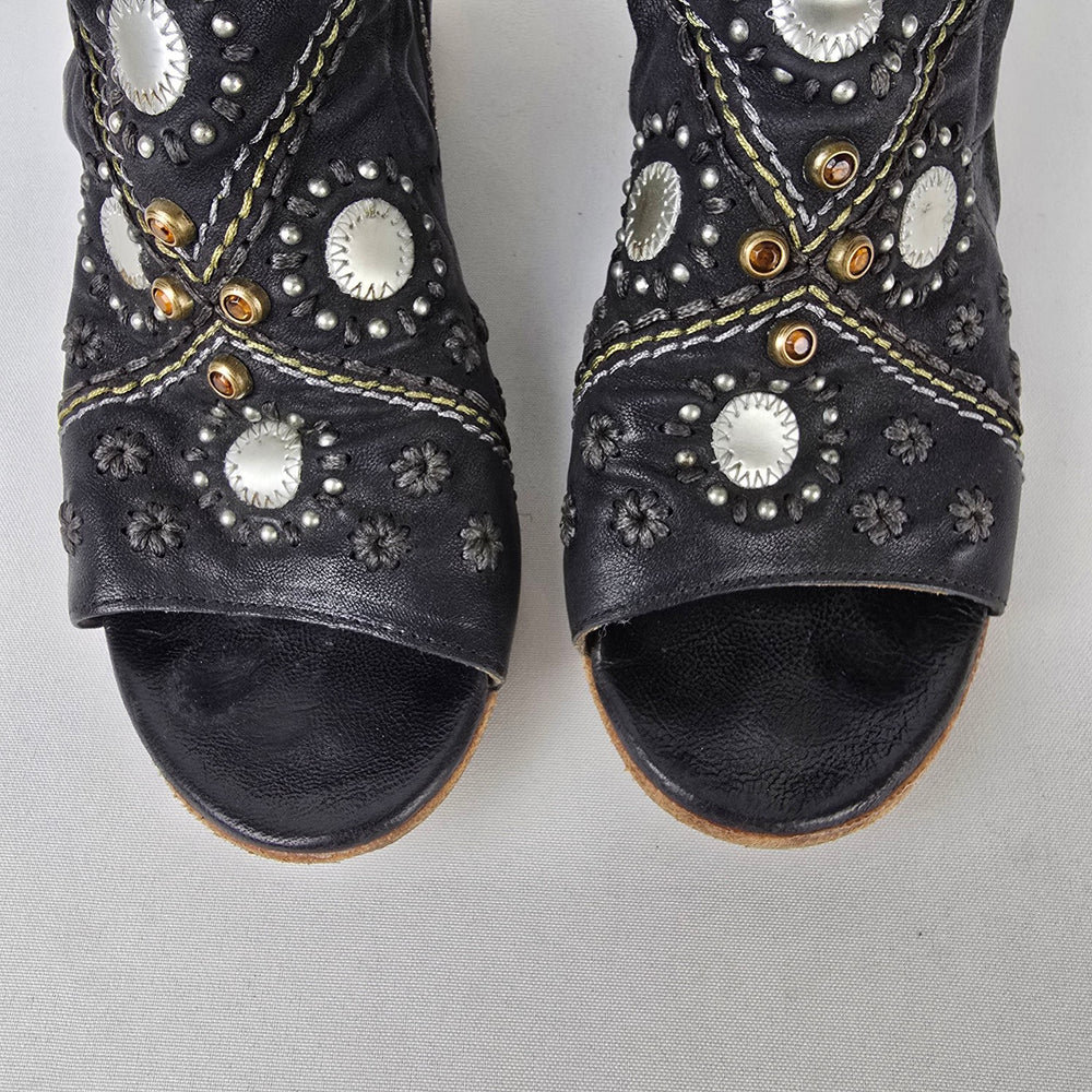 A.S.98 Black Leather Floral Studded Peep Toe Booties Size 8