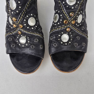 A.S.98 Black Leather Floral Studded Peep Toe Booties Size 8