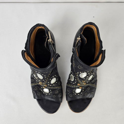 A.S.98 Black Leather Floral Studded Peep Toe Booties Size 8