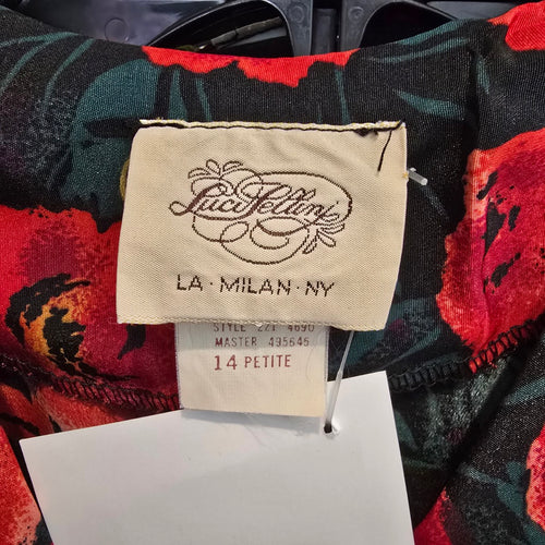 Vintage La Milan NY Red Poppy Floral Dress Size 14 Petite