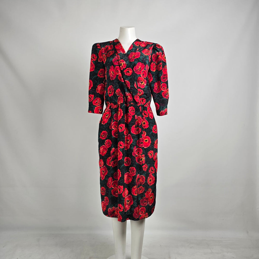 Vintage La Milan NY Red Poppy Floral Dress Size 14 Petite