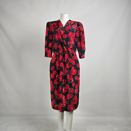 Vintage La Milan NY Red Poppy Floral Dress Size 14 Petite