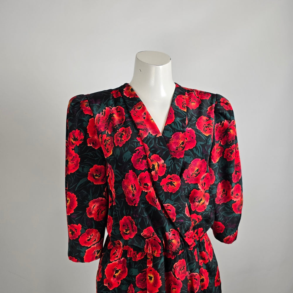 Vintage La Milan NY Red Poppy Floral Dress Size 14 Petite