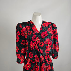 Vintage La Milan NY Red Poppy Floral Dress Size 14 Petite
