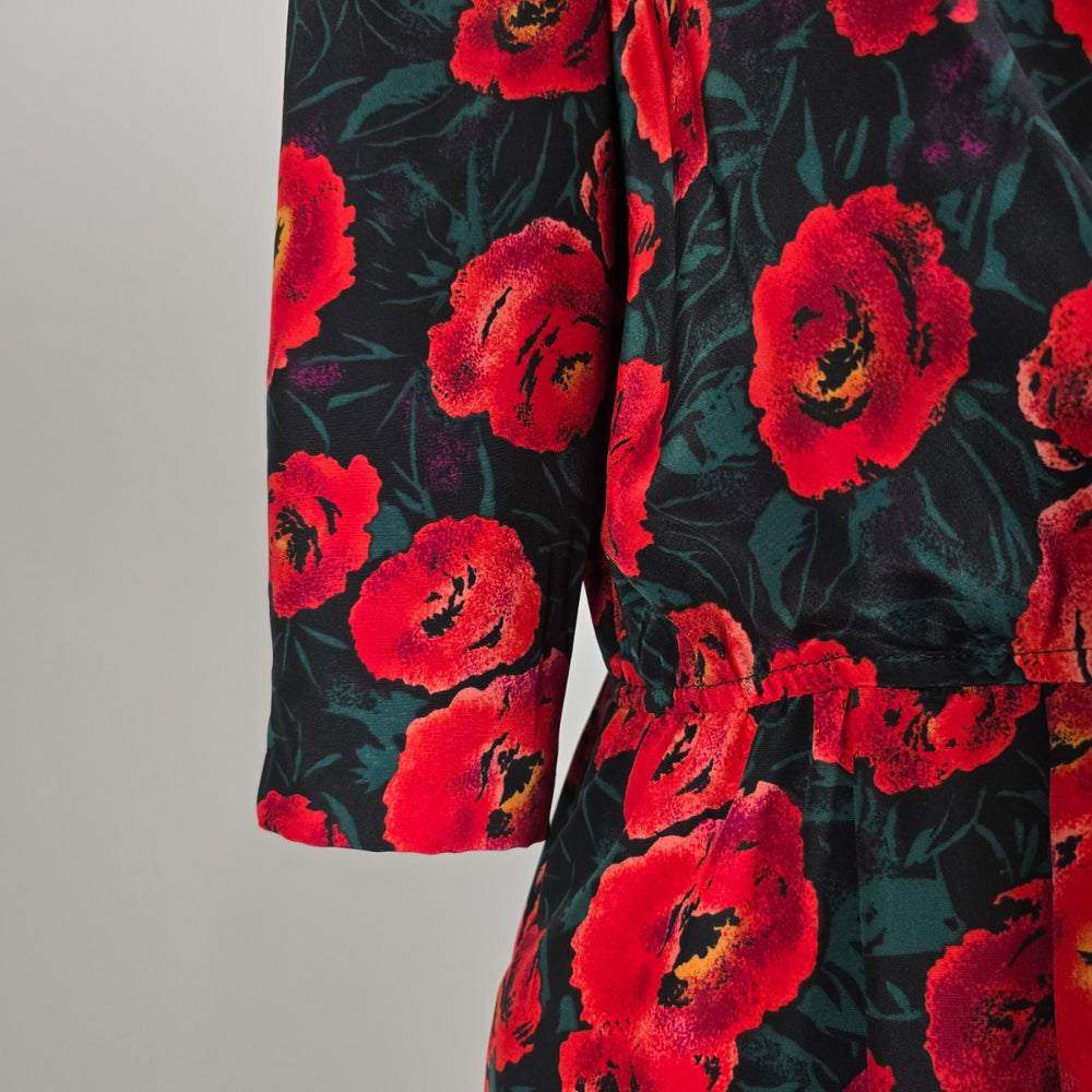 Vintage La Milan NY Red Poppy Floral Dress Size 14 Petite