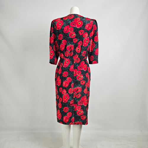 Vintage La Milan NY Red Poppy Floral Dress Size 14 Petite