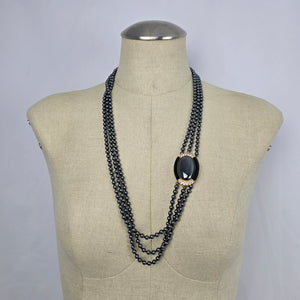 Vintage Hematite Bead Multi-Strand Necklace with Black Cabochon Accent