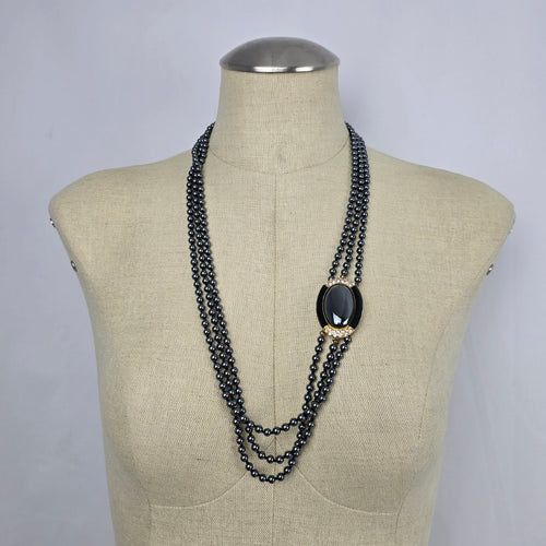 Vintage Hematite Bead Multi-Strand Necklace with Black Cabochon Accent