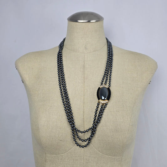 Vintage Hematite Bead Multi-Strand Necklace with Black Cabochon Accent