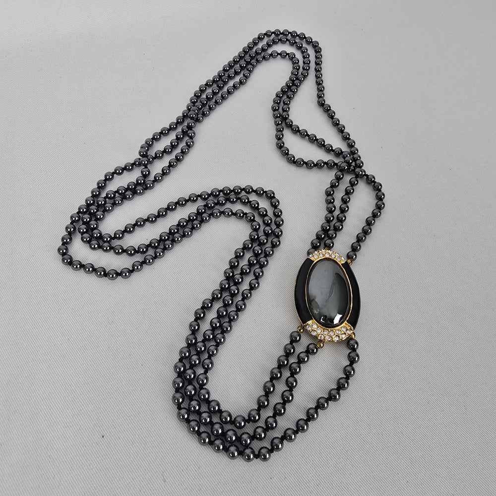 Vintage Hematite Bead Multi-Strand Necklace with Black Cabochon Accent