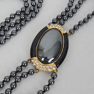 Vintage Hematite Bead Multi-Strand Necklace with Black Cabochon Accent