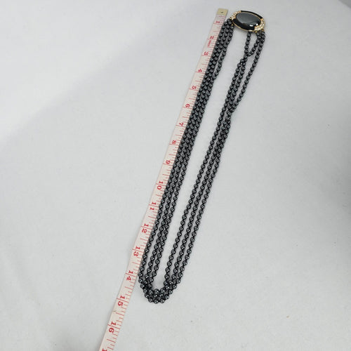Vintage Hematite Bead Multi-Strand Necklace with Black Cabochon Accent