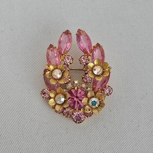 Vintage D&E Juliana Pink Rhinestone Flower Cluster Brooch