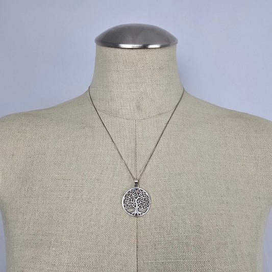 925 Sterling Silver Box Chain Necklace w/ Tree of Life Pendant