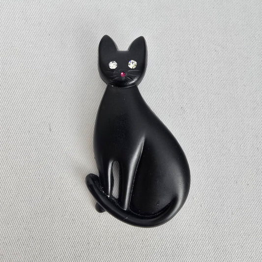 Vintage Black Cat Brooch Rhinestone Eyes