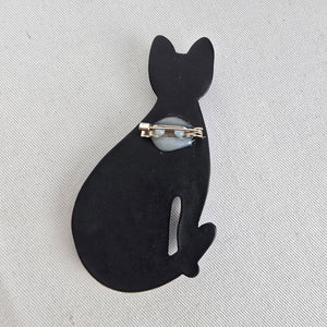 Vintage Black Cat Brooch Rhinestone Eyes