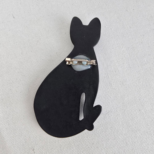 Vintage Black Cat Brooch Rhinestone Eyes