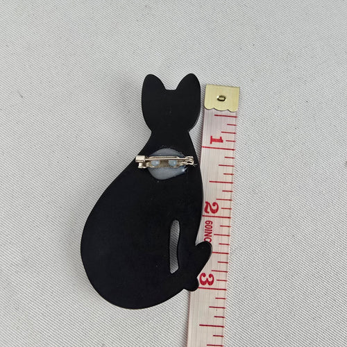 Vintage Black Cat Brooch Rhinestone Eyes
