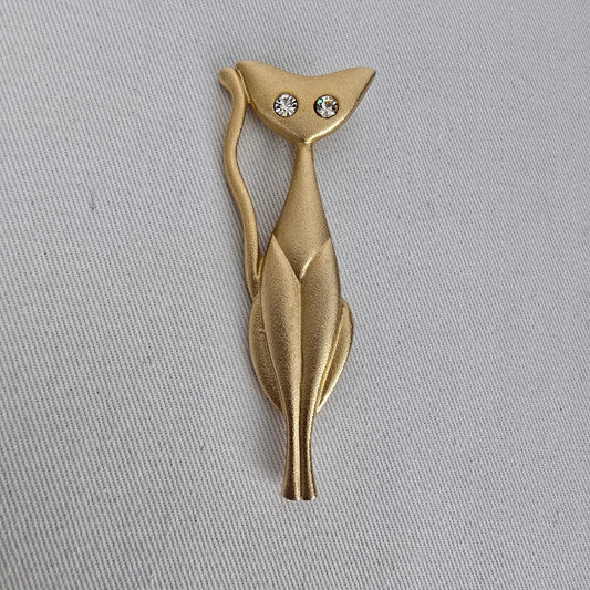 Retro Atomic Style Cat Brooch with Rhinestone Eyes
