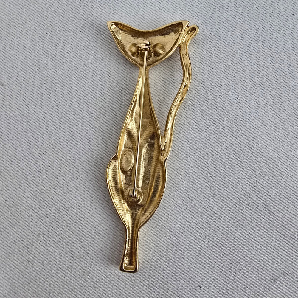 Retro Atomic Style Cat Brooch with Rhinestone Eyes