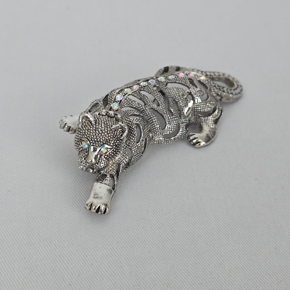 Vintage Silver Tone Leopard Brooch Aurora Borealis Rhinestones
