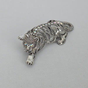 Vintage Silver Tone Leopard Brooch Aurora Borealis Rhinestones