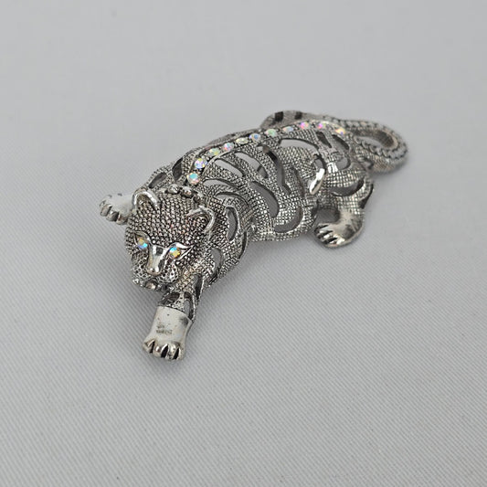 Vintage Silver Tone Leopard Brooch Aurora Borealis Rhinestones