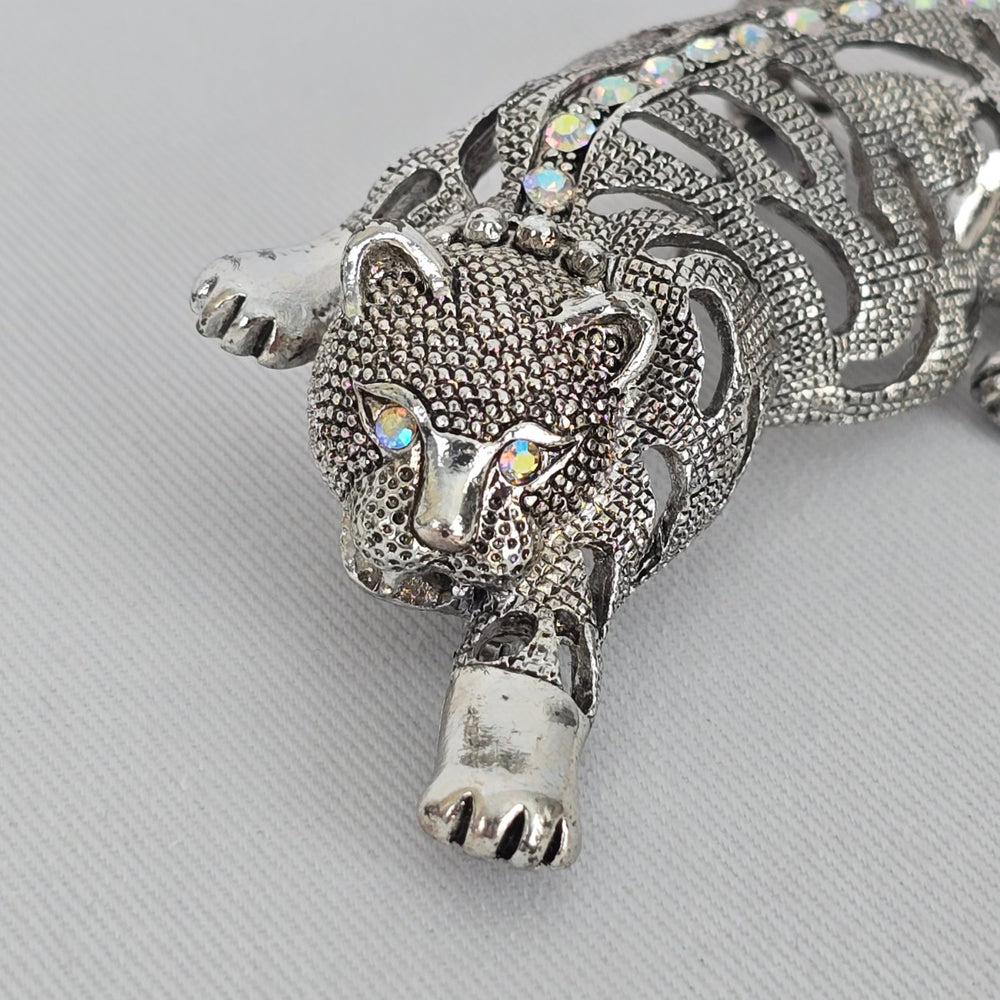 Vintage Silver Tone Leopard Brooch Aurora Borealis Rhinestones