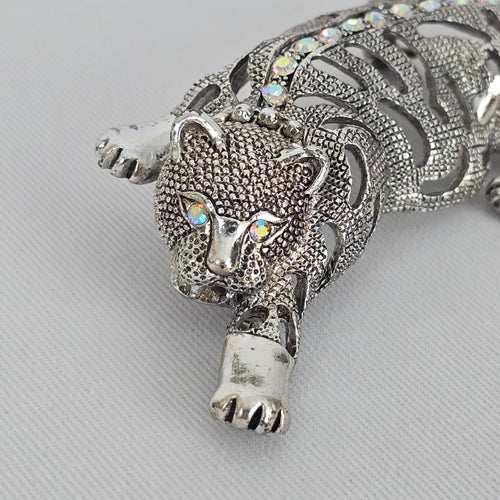 Vintage Silver Tone Leopard Brooch Aurora Borealis Rhinestones
