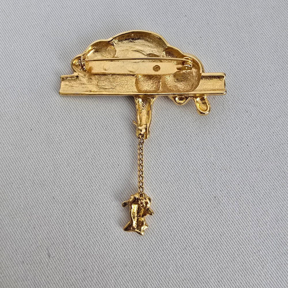 Vintage Gold Tone Cat Pin Figural Brooch with Mouse