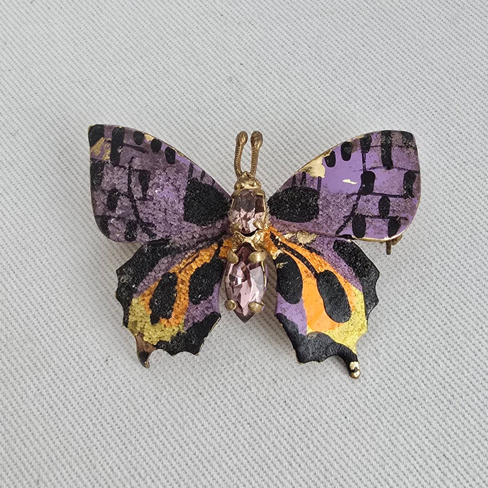 Vintage Czechoslovakia Butterfly Brooch Purple Enamel Rhinestone Pin