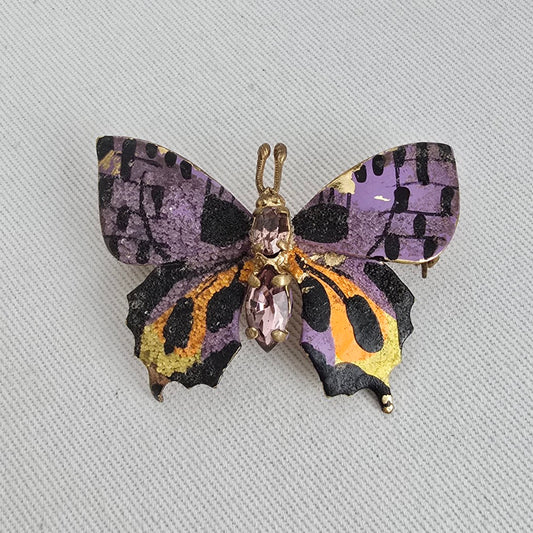 Vintage Czechoslovakia Butterfly Brooch Purple Enamel Rhinestone Pin